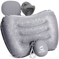 비행기용 2-in-1 실리콘 에어 펌프 보관 가방 u2013 초경량 여행용 베개 요추 지지대 듀얼 밸브 이지 팽창 압축 가능한 인체공학적(회색) 크리슨키 캠핑 풍선 베개, Grey