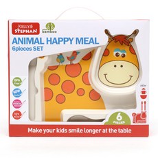 KELLY&STEPHAN 動物印花餐盤餐具6件組, 餐盤+叉子+湯匙+碗+杯子+杯蓋, 長頸鹿(Rafe)