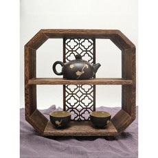 新中式小巧桌面博古架 - 茶室茶具收納架 茶壺茶杯陳列多寶閣 居家桌面雅緻擺件架, 1個, (小滿)小號 30*10*32cm碳化色, (小滿)小號 30*10*32cm碳化色