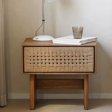 床頭櫃 收納櫃 床邊櫃北歐侘寂風繩編織實木床頭櫃家用沙发边柜現代簡約臥室中古邊幾, 1個, 繩編床頭櫃,整裝