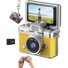 미니 디지털 카메라 열쇠고리 1.47인치 LCD 화면 1080P 2026년 신형 레트로 카메라 CCD 목걸이 포함 내장 플래시 64GB TF 카드 포함 여행 파티용 (노, 노란색