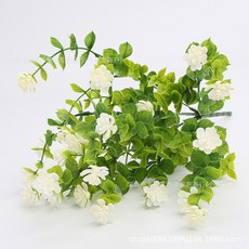 仿真尤加利茉莉花塑膠假花綠植組合，適用於牆面及園藝裝飾, 白色, 1個
