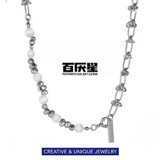 【熱銷 臺灣出貨】 高級感 拼接 貓眼石 麻花 小銀碎石項鍊 荊棘 繩結 鈦鋼 316L 醫療鋼 不掉色不過敏日韓鳳, 1個