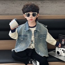 AA4334 남아 키즈 주니어 초등 아동 가을 봄 간절기 면 혼방 청 데님 카라넥 조끼 베스트 데일리 자켓 아우터