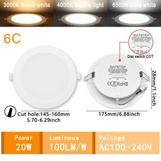 4pcs Recessed LED 스팟 Llight 다이얼 스위치 CCT 통 3 색상 조정 AC100-240V 3000K/4000K/6500K 천장 실, 09 20W, 01 AC100-240V