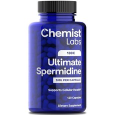Chemist Labs 남성 및 여성용 얼티밋 스페르미딘 보충제 100x 포뮬러 장수 보충제 지원 캡슐 당 5mg 타사 테스트 완료 비건 120회 분량, 스페르미딘 5mg, 1개, 120