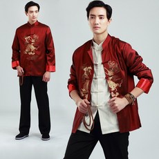 現貨快速出貨 紅色中國風男士唐裝 長袖外套復古中式男裝民族服飾 書卷氣質 飛龍在天 水水女人國