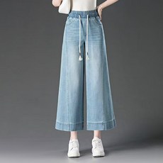 SAHINER 여성 데님 와이드 팬츠 밴딩 허리 9부팬츠 여름용 ANZ102