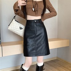 TKX 여성용 가을 겨울 심플 PU 가죽 A라인 하이웨이스트 스커트 가을치마 K51