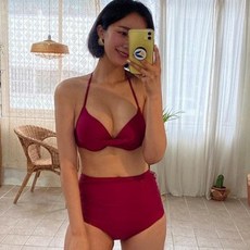 VERAF 素色扭結裝飾泳衣+高腰泳褲套裝