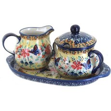 블루 로즈 폴란드 도자기 - 옐로우 선샤인 그로토 슈가 크리머 세트 6온스 핸드 페인팅 세라믹 볼 뚜껑 포함, Blue Butterfly