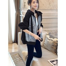 大尺碼外套女 夾克女 牛仔拼接連帽外套 寬鬆顯瘦棒球服