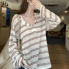 투니스 여성 브이넥 스트라이프 루즈핏 긴소매 티셔츠