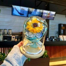 永生花向日葵玫瑰花束 玻璃罩禮盒, 如圖所示 【心懷陽光】玻璃罩 + 禮袋 + 創意賀卡 + 燈串