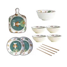 Hongjiu 가정용 동화 한식기세트, 공기 4개 + 대접 1개 + 접시 2개 + 오븐그릇 + 젓가락 4쌍, 그린 + 화이트, 1개
