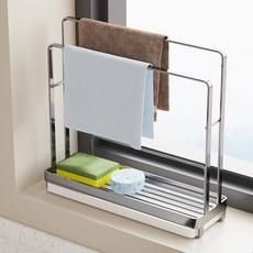 워촹스 스텐 행주걸이 물빠짐 수세미 거치대 싱크대 수건걸이 2단 무자국 접착 갈고리 포함, 1개, 은색