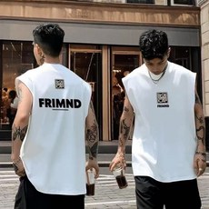 潮牌美式運動休閒純色坎肩背心男士印花夏季寬鬆健身無袖T恤上衣