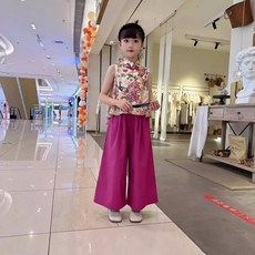 賣場優選童裝 女童短袖套裝 女童夏款套裝2025夏季新款中國風複古碎花無袖上衣中式兒童兩件套