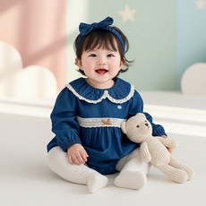 몽실이 레이스 포인트 데님롬퍼 헤어밴드 세트 유아용 여아 봄 바디슈트 외출복 사진촬영