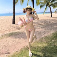 比基尼 明星同款寫真性感新款彩色小花褶皺比基尼鋼託聚攏泳衣溫泉度假, 圖片色,L
