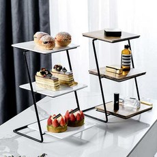 3단 디저트 트레이 스탠드 홈카페 케이크 세라믹 우드 접시 플레이트, 색상, 화이트, 1개