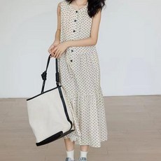 투니스 여성 폴카 도트 라운드넥 민소매 루즈핏 A라인 원피스