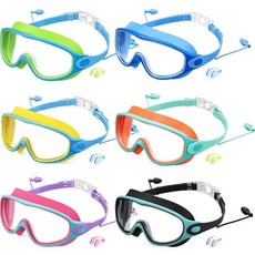 Kanayu6피스아동용수영고글수영장고글김서림방지와이드뷰누출방지귀마개노즈클립6-13세아동용핑크 블루 화이트 옐로우 블랙128330, 핑크, 오렌지, 그린, 옐로우, 블루, 블랙