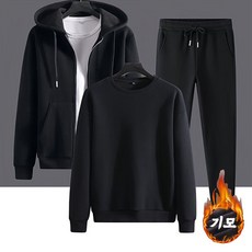 5xl까지 빅사이즈 남성복 3피스 기모 트레이닝복 츄리닝복 심플 후드 집업 외투+라운드 맨투맨+조거팬츠 가을겨울 따뜻한 상하복