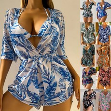 歐美三件套比基尼 樹葉印花收腰繫帶長袖防曬泳衣, 綠底白花,M