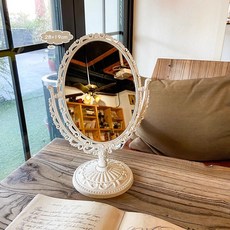 復古風可旋轉式化妝鏡 雙面桌上梳妝鏡, 橢圓米色-1個,無規格