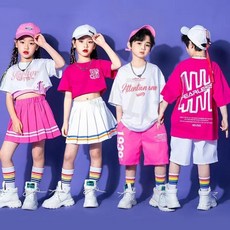 跳舞衣服 表演服裝 街舞衣服爵士舞服裝 街舞衣服 兒童街舞服裝 表演服 兒童街舞 女童舞臺表演服啦啦隊 學校舞蹈會服裝, 玫紅短T女+短裙+發帶+襪子,170, 1個