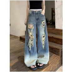 해피유통 여성 찢어진 청바지 넓은 다리 청바지 캐주얼 스트 봄과 가을 패션 청바지