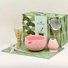 Artcome 말차 차 세트 - 그린 사쿠라 엠보싱 세라믹 그릇 502.8ml(17온스) 대나무 거품기 거품기 홀더 거름망 스쿱 티 스푼 천 포함 매일 사용 및 선물, Pink