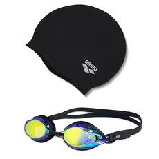 Arena 矽膠泳帽 黑色+蛙鏡 SGT-601M, 黑色+金色