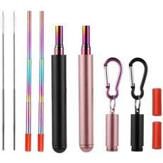 Chargenyang 2팩 텔레스코픽 재사용 가능한 빨대 접이식 스테인리스 스틸 휴대용 금속 음료 알루미늄 키링 케이스 및 여행용 클리닝 브러시 포함 (2 블랙 로즈 골드), 블랙 앤 로즈 골드