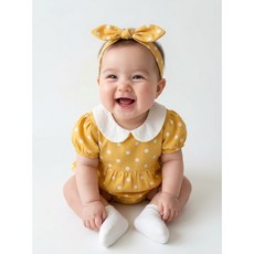 로이앤한나 예쁜 노란 땡땡이 여아 여자아기 여름 반팔 슈트 머리띠 세트 3개월 6개월 9개월 돌
