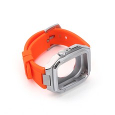 Apple watch改裝 適用蘋果手表iwatch 四釘鎧甲不鏽鋼殼矽膠錶帶一體式套裝, 銀橙,44mm