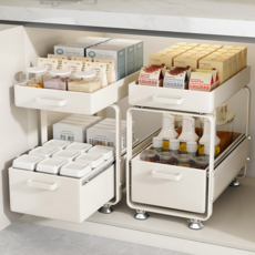 하이퍼랙 2단 무타공 레일선반 주방정리 슬라이딩선반, 화이트, 1개