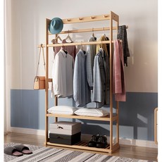 實木掛衣架衣帽架帶輪可移動落地衣架，北歐簡約臥室多功能儲物衣架, （原木色）長67cm衣帽架