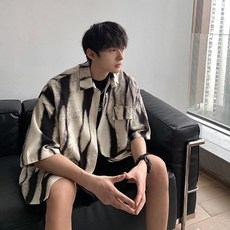 해피유통 남성 나염 반팔 얇은 빈티지 고급 5부 셔츠 jhbsq