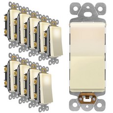 라이트 패들이 있는 LIDER 데코레이터 스위치 UL 리스팅 조명 패들 매트 피니시 로커 1극 3와이어 주거상업용 등급 15A 120-277VAC 아몬드, 3 Way, Light Almond, 10