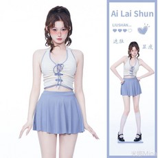 比基尼 分體泳衣 兩件式泳衣 bikini 保守泳衣 學生泳衣可愛保守泳裝遮肚顯瘦性感可愛沙灘度假泡溫泉泳裝, [熱賣款]藍色,XL50.0kg-60.0kg可穿