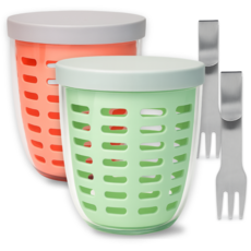 1+1 (모노스페이스) 후르츠팟 과일컵 스텐포크 도시락 런치팟 2개, (미스티 그린 + 살몬 핑크), 1세트