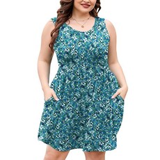 AusLook 플러스 사이즈 여성용 여름 탱크 드레스 캐주얼 민소매 크루넥 플리츠 베이비돌 스윙 선드레스 포켓 포함 1X-5X A28-여름 꽃 축하 1X