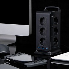 TELLO 4000W 塔式防突波USB 3埠12孔延長線, 黑色, 2m, 1個