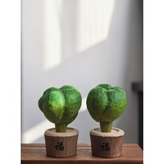幸福樹 木雕手繪福字擺件 手繪綠色植物, 如圖所示, 1個