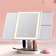 新款LED化妝鏡 摺疊三面鏡 臥室家用桌面鏡 生日禮物, 三色光+led化妝鏡+充電款