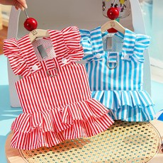 嗨購 公主風狗狗衣服條紋貓揹帶裙貓咪洋裝子泰迪寵物服裝 狗用品法鬥, 450A藍色直條紋裙,XS(胸圍30cm, 1個