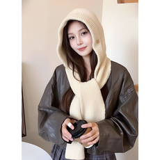 칩썬데이 여성 머플러 바라클라바 투웨이 후드 니트 목도리 넥워머, 아이보리, 1개