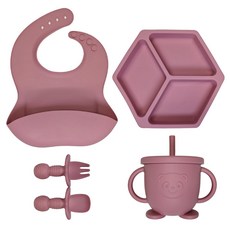 XLEE源頭廠家寶寶餐具硅膠餐盤吸盤兒童餐盤吸盤碗母嬰用品5件套, 1個, 深粉色-5件套裝